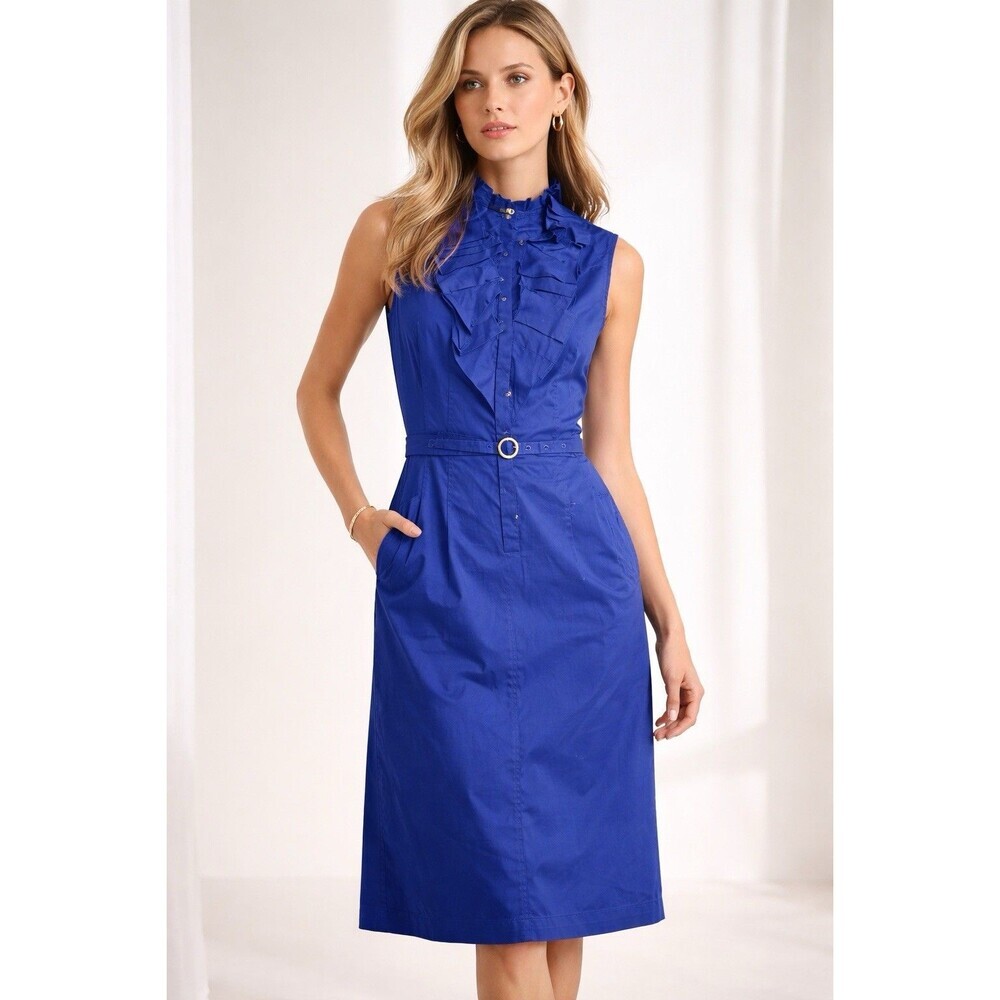 BOSS by Hugo Boss Blue Sleeveless Ruffle Neck Belted Midi Dress Women’s US 10